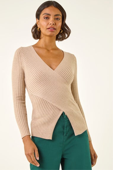 Roman Stone Ribbed Wrap Front Knit Top