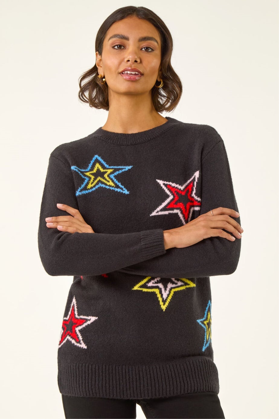 Roman Black Star Crew Neck Knit Jumper