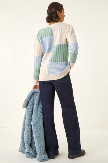 Roman Ivory Colour Block Cable Knit Jumper