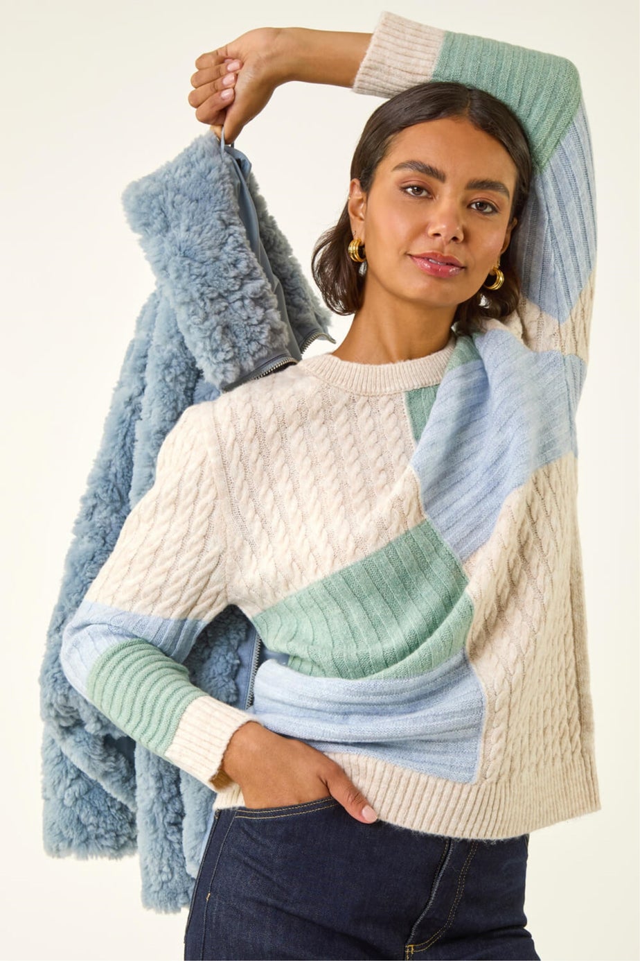 Roman Ivory Colour Block Cable Knit Jumper