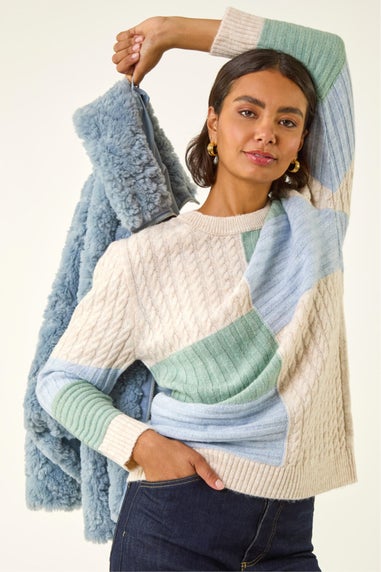 Roman Ivory Colour Block Cable Knit Jumper