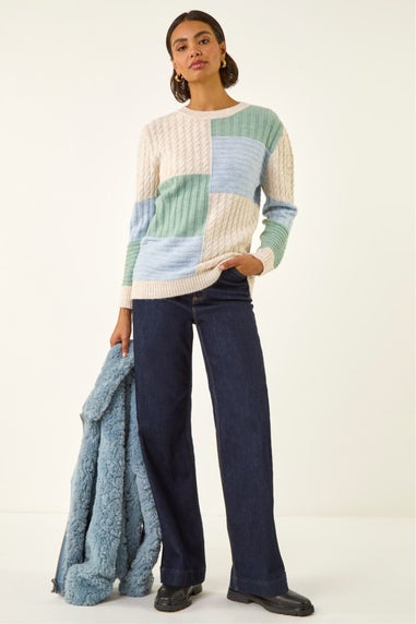 Roman Ivory Colour Block Cable Knit Jumper