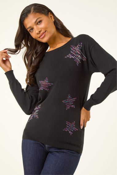 Roman Black Embellished Star Knit Jumper