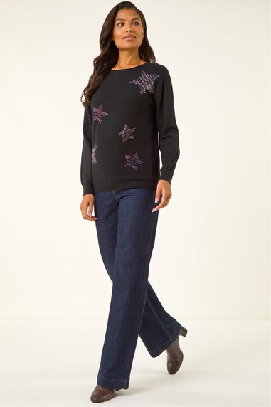 Roman Black Embellished Star Knit Jumper