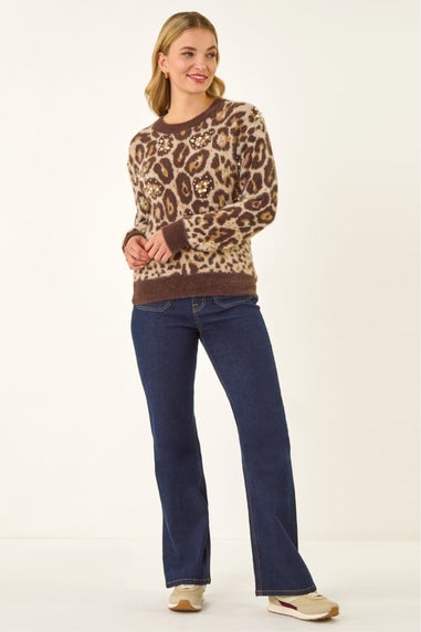 Dusk Chocolate Embellished Animal Print Knit Jumper