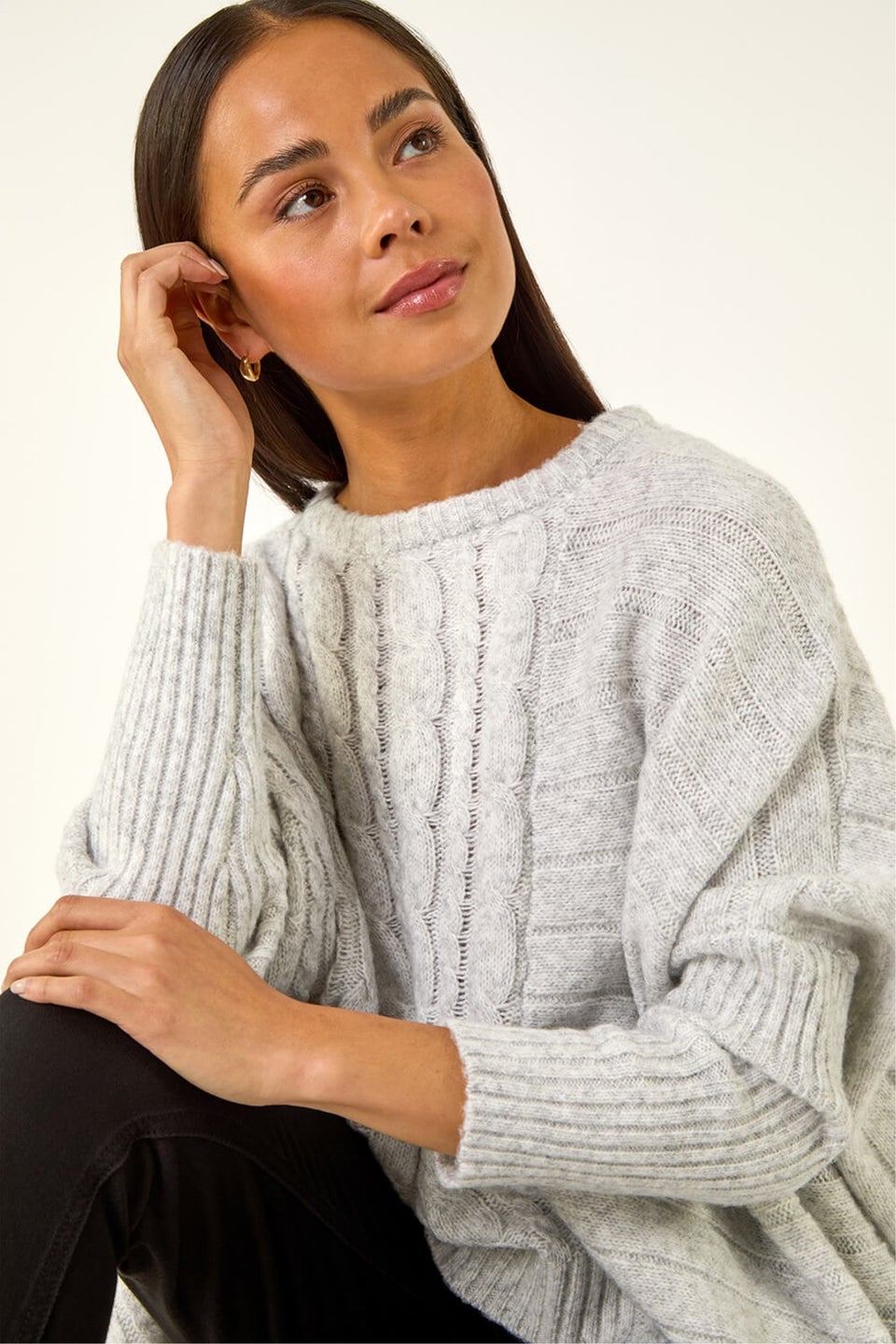 Roman Grey Petite Contrast Cable Knit Jumper