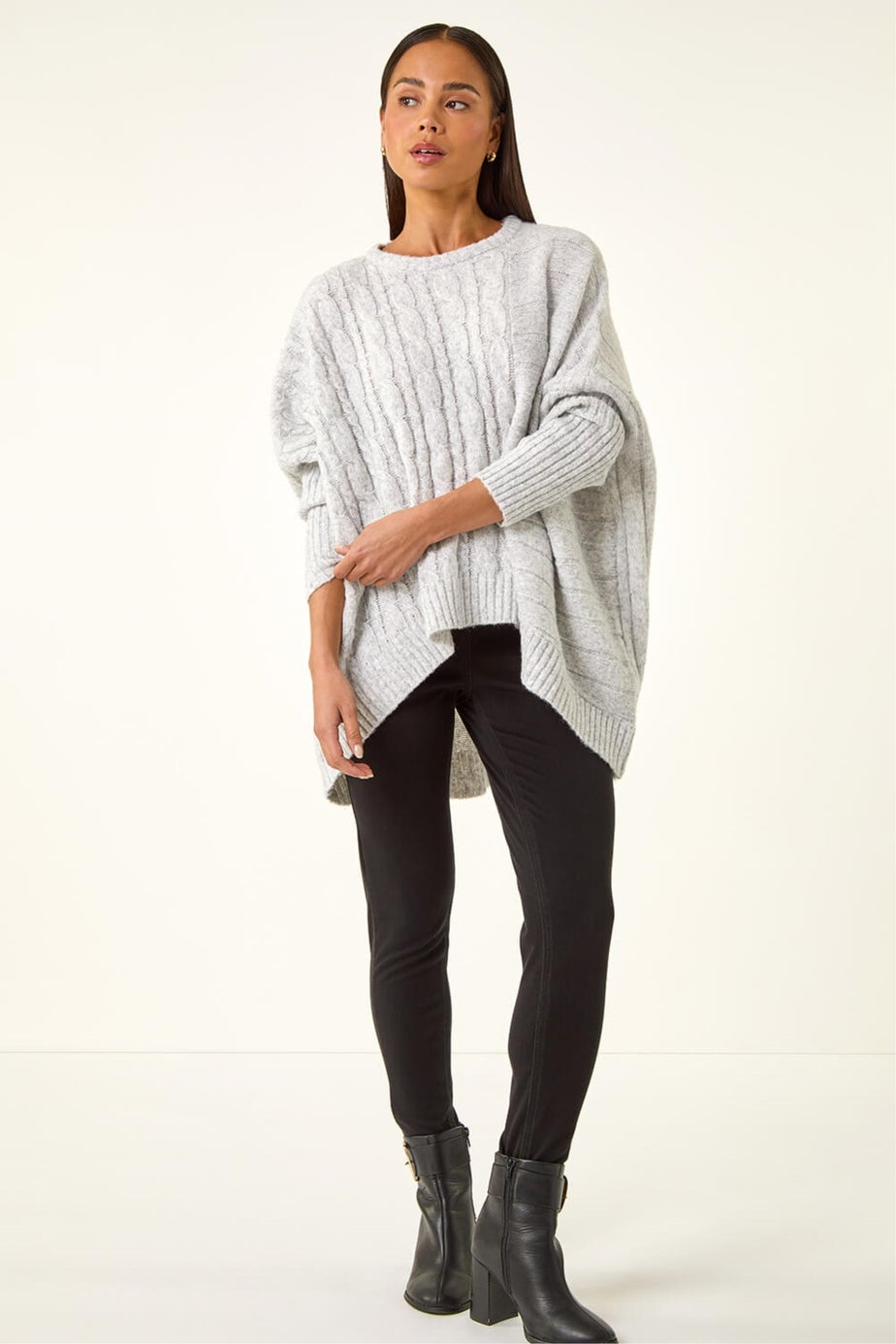 Roman Grey Petite Contrast Cable Knit Jumper