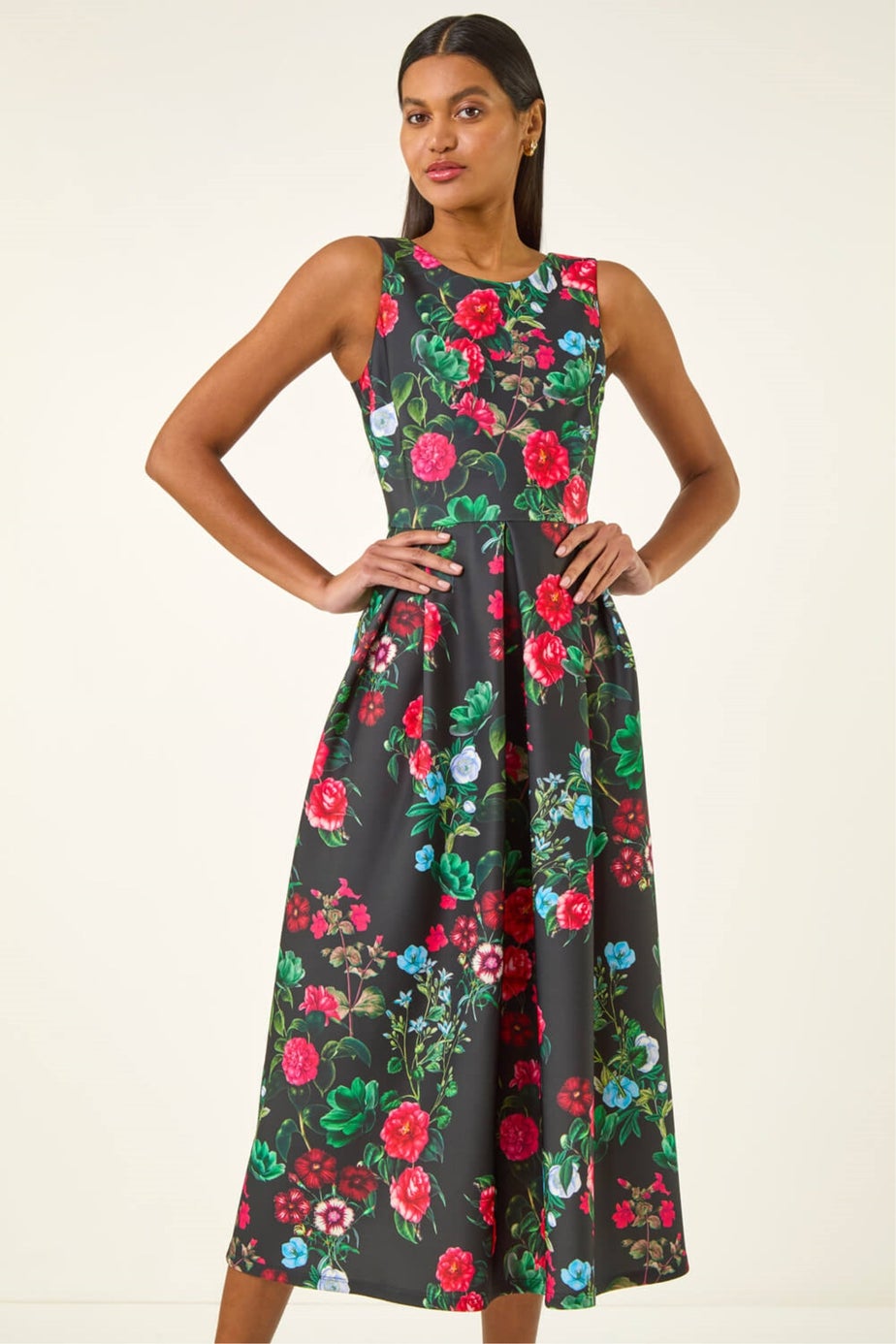 Roman Black Floral Print Premium Stretch Midi Dress