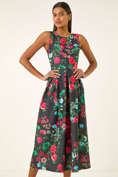Roman Black Floral Print Premium Stretch Midi Dress