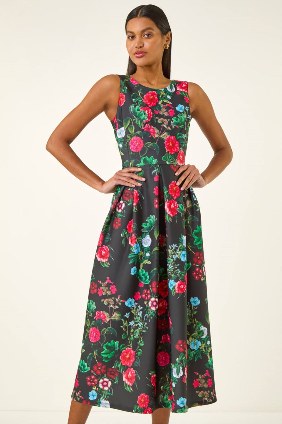 Roman Black Floral Print Premium Stretch Midi Dress