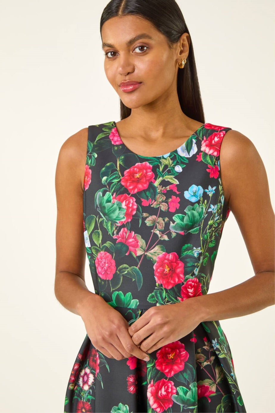 Roman Black Floral Print Premium Stretch Midi Dress