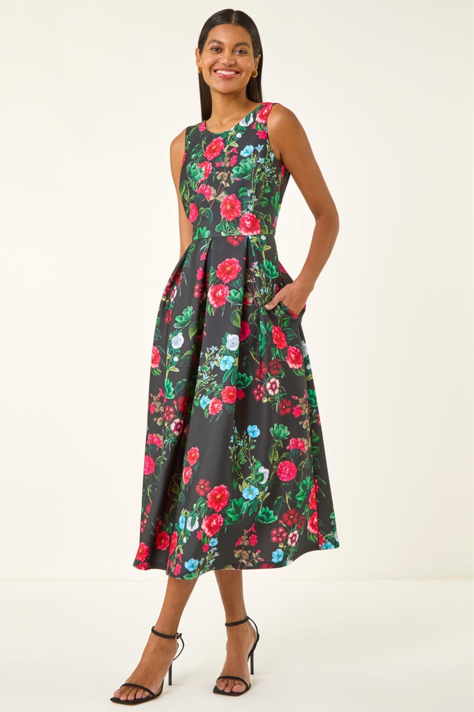 Roman Black Floral Print Premium Stretch Midi Dress