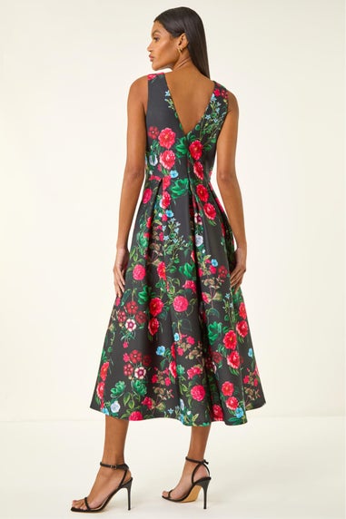 Roman Black Floral Print Premium Stretch Midi Dress