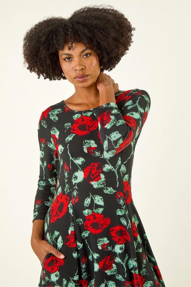 Roman Black Rose Print Hanky Hem Dress