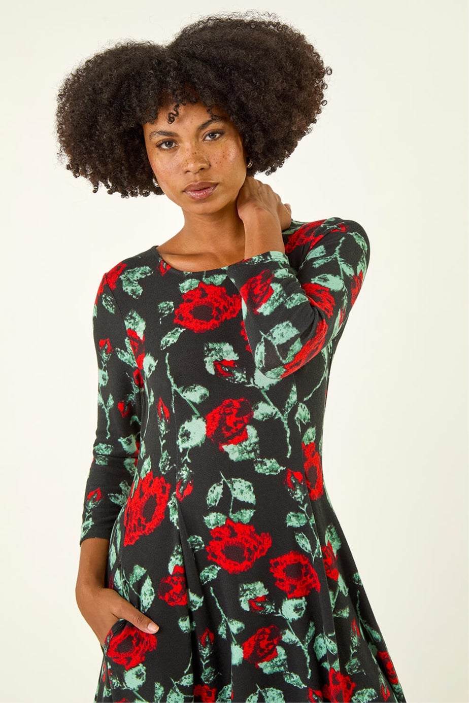 Roman Black Rose Print Hanky Hem Dress