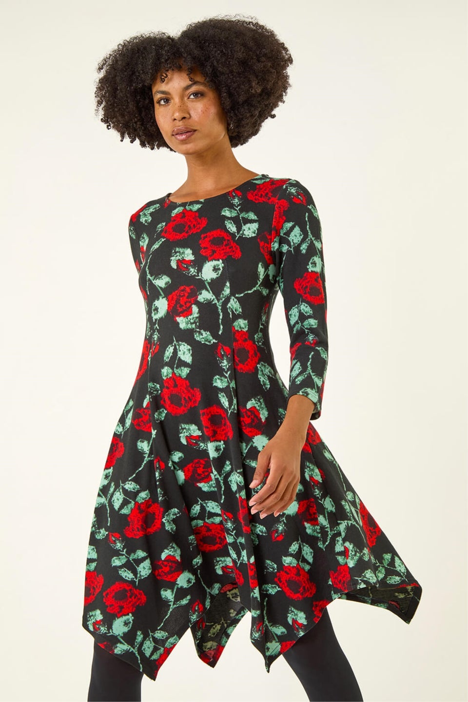 Roman Black Rose Print Hanky Hem Dress
