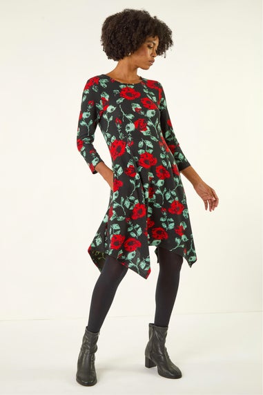 Roman Black Rose Print Hanky Hem Dress