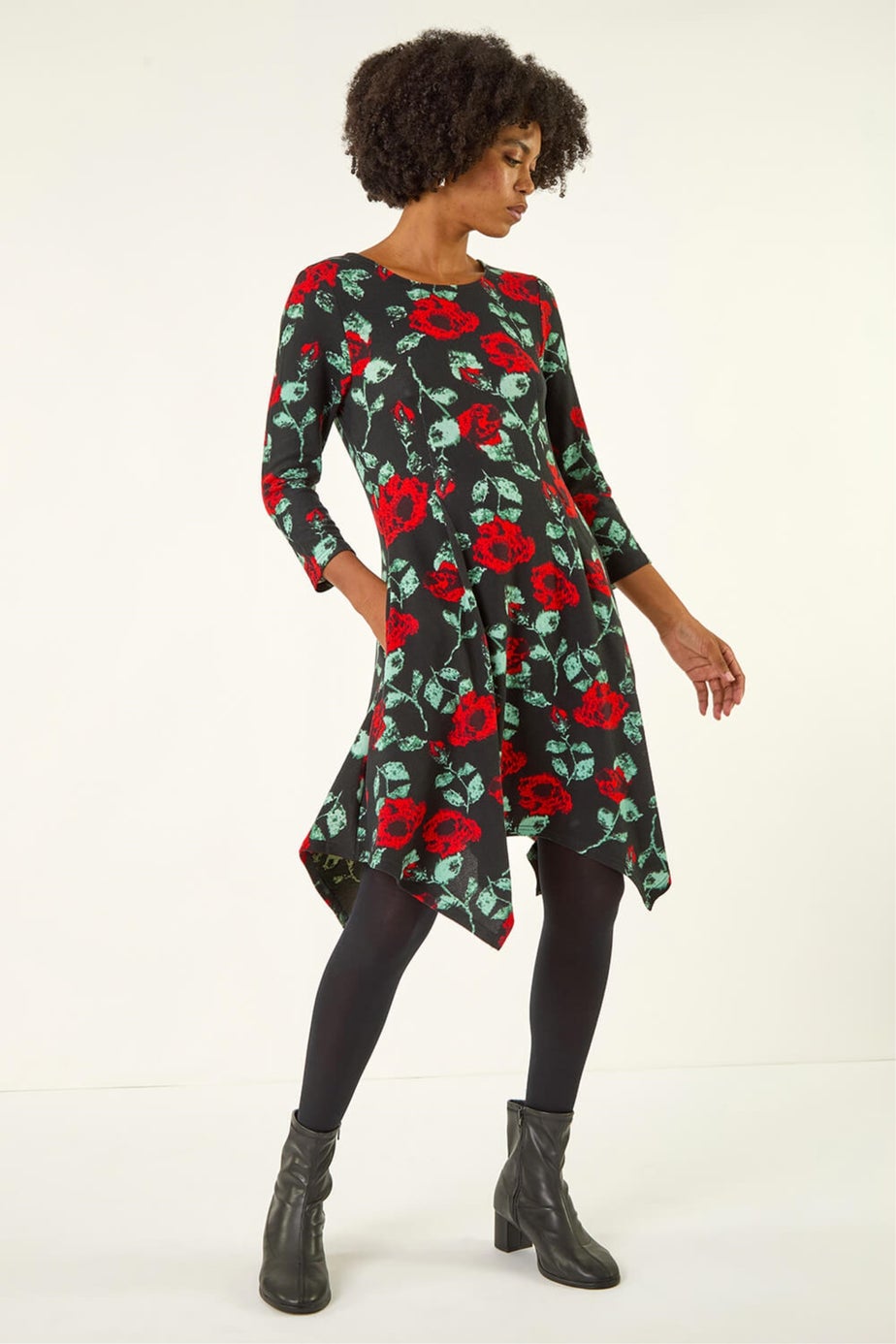 Roman Black Rose Print Hanky Hem Dress