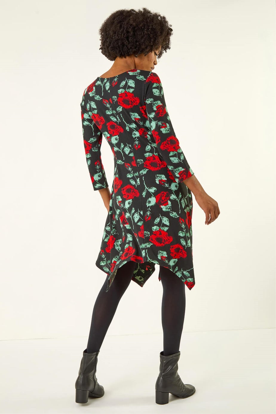 Roman Black Rose Print Hanky Hem Dress