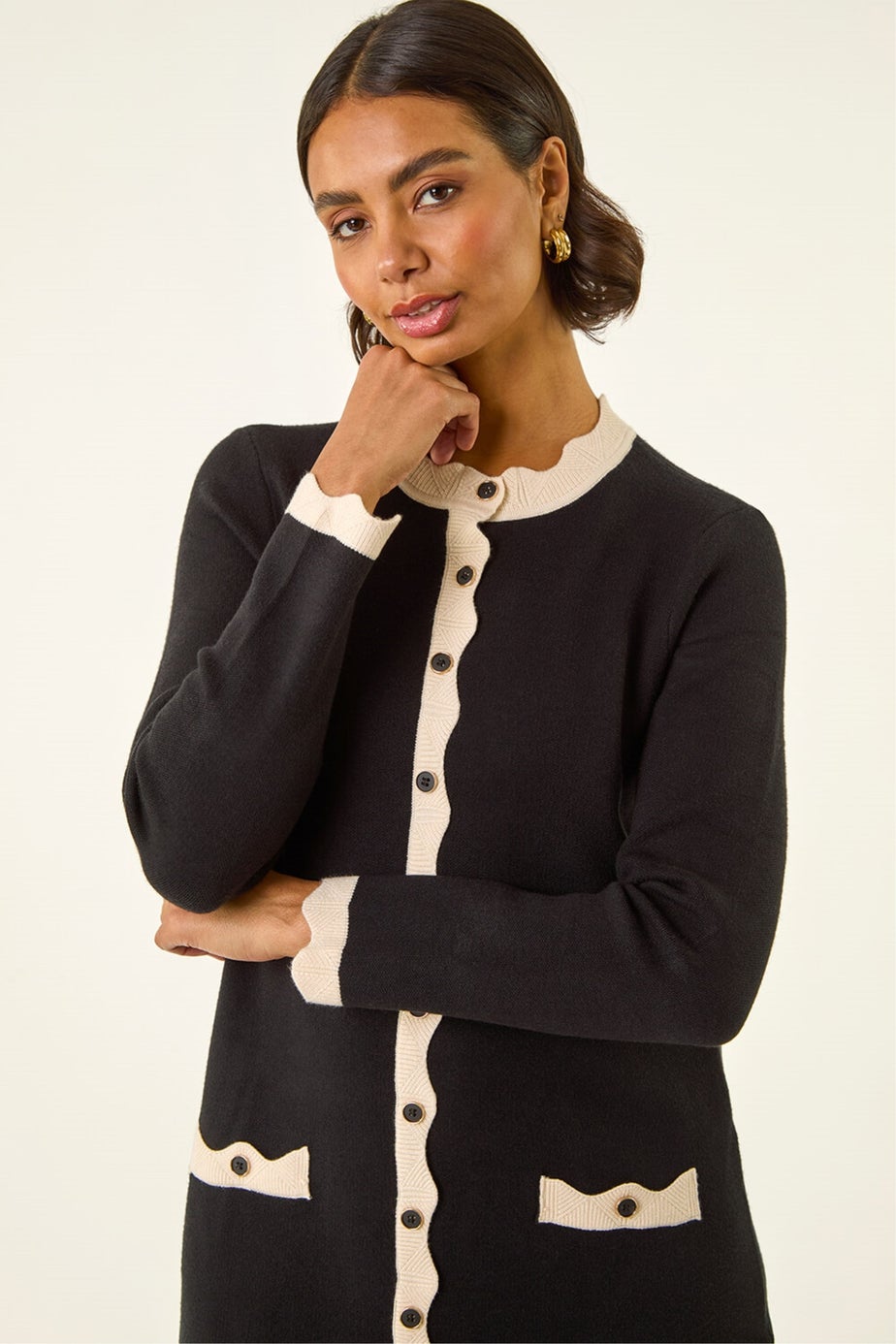 Roman Black Scalloped Button Through Knit Dress