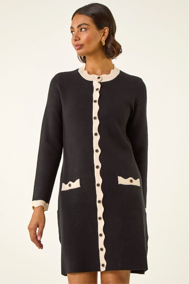 Roman Black Scalloped Button Through Knit Dress