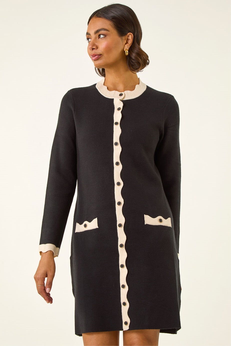 Roman Black Scalloped Button Through Knit Dress