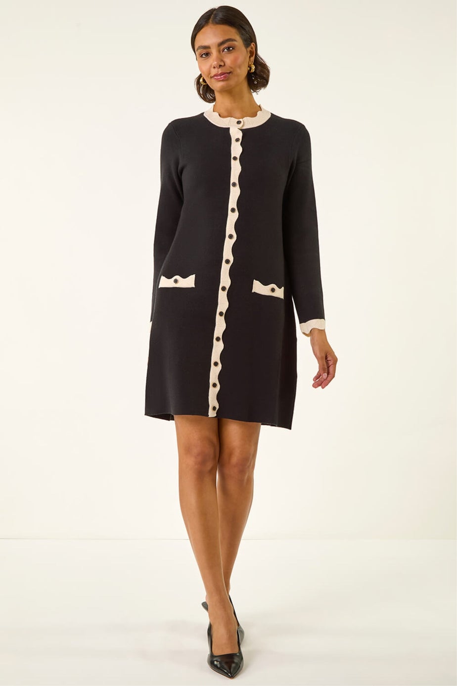 Roman Black Scalloped Button Through Knit Dress