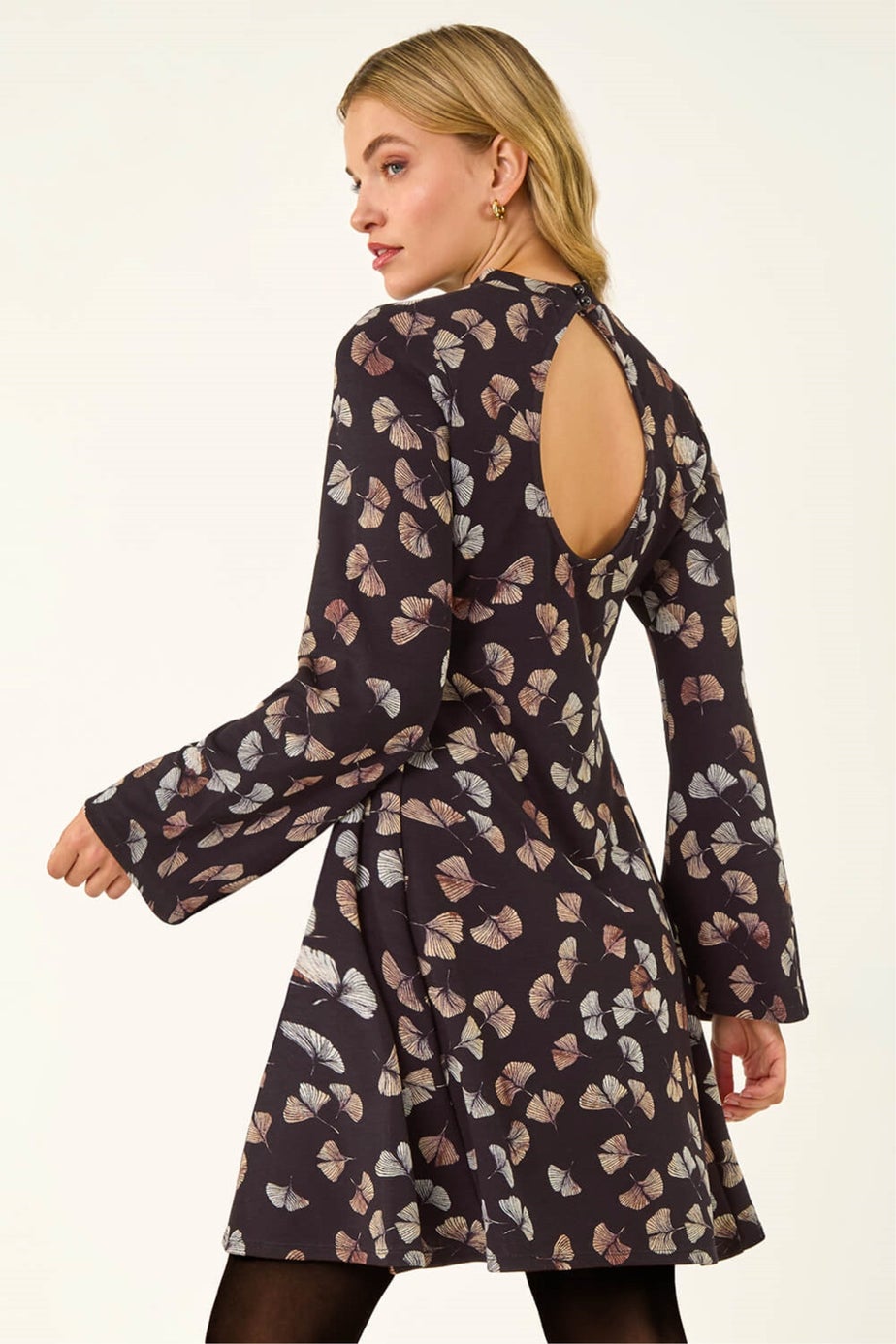 Dusk Black Leaf Godet Hem Dress