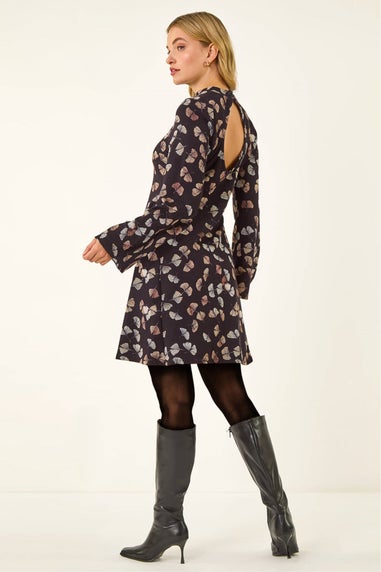 Dusk Black Leaf Godet Hem Dress