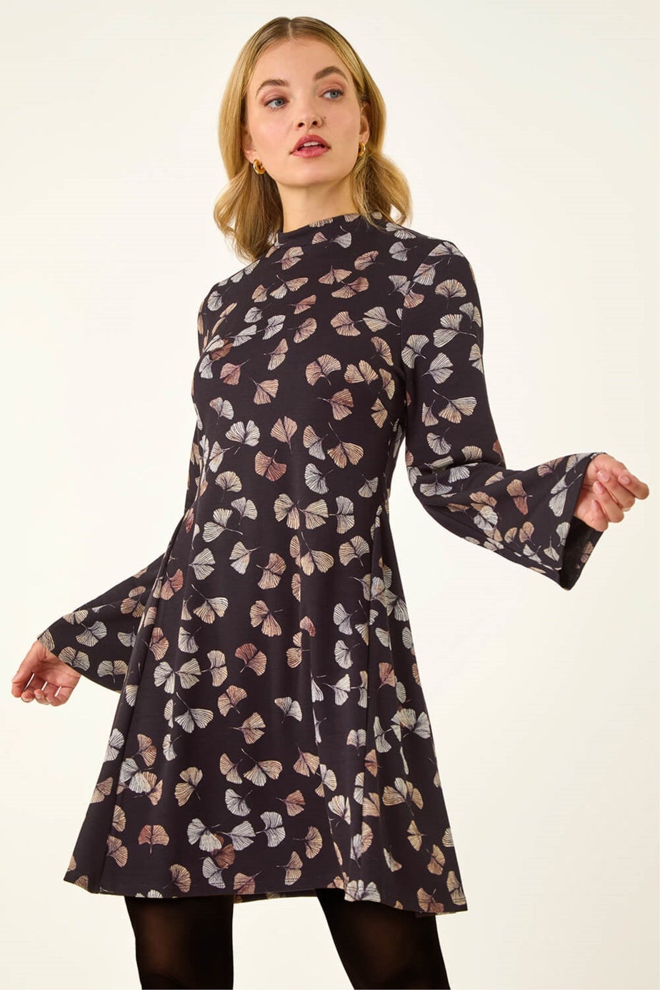 Dusk Black Leaf Godet Hem Dress