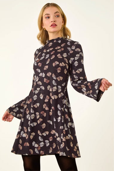Dusk Black Leaf Godet Hem Dress