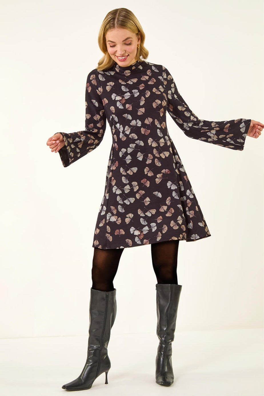 Dusk Black Leaf Godet Hem Dress