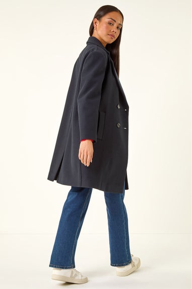 Roman Navy Petite Double Breasted Revere Collar Coat