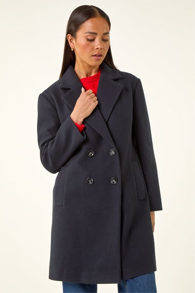 Roman Navy Petite Double Breasted Revere Collar Coat