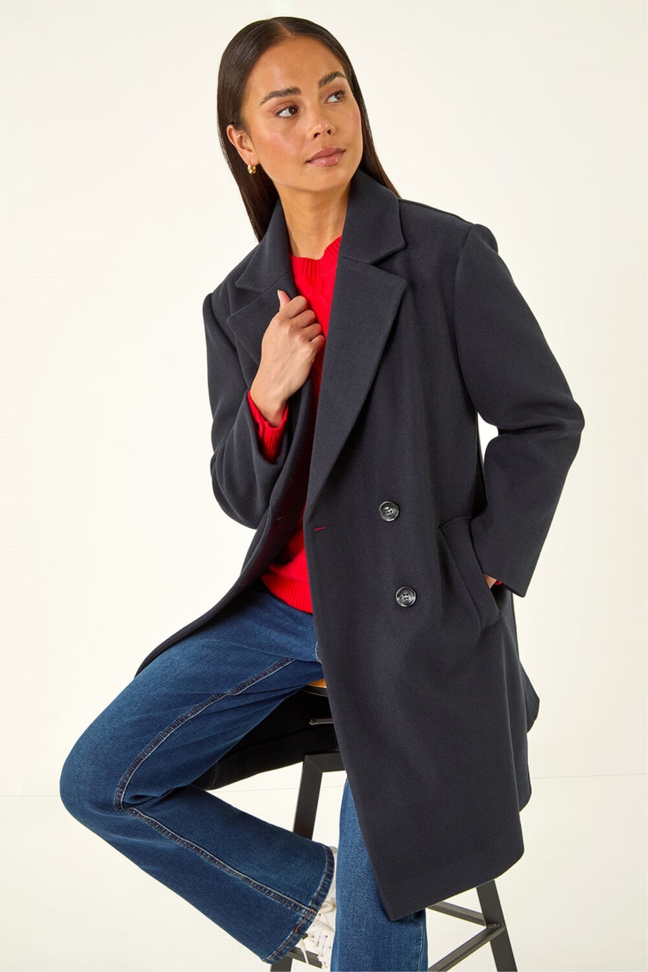 Roman Navy Petite Double Breasted Revere Collar Coat