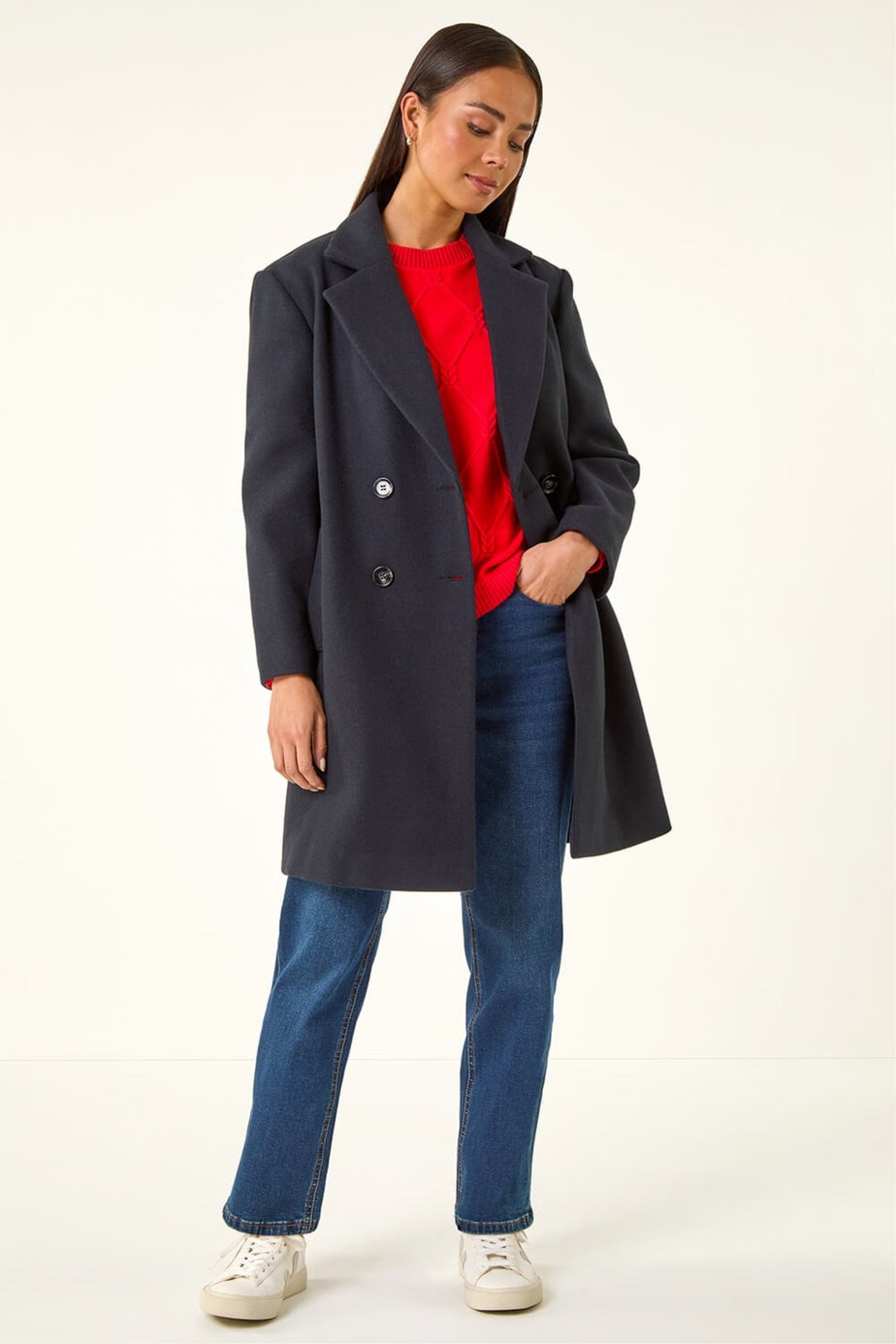 Roman Navy Petite Double Breasted Revere Collar Coat