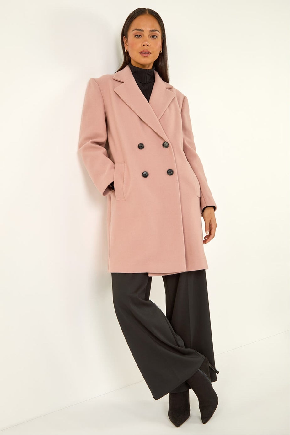 Roman Light Pink Petite Double Breasted Revere Collar Coat