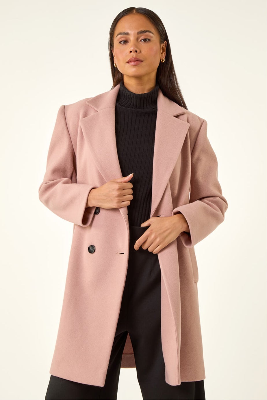 Roman Light Pink Petite Double Breasted Revere Collar Coat