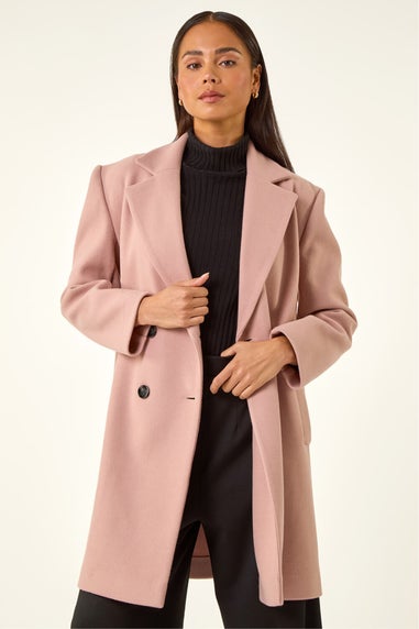 Roman Light Pink Petite Double Breasted Revere Collar Coat
