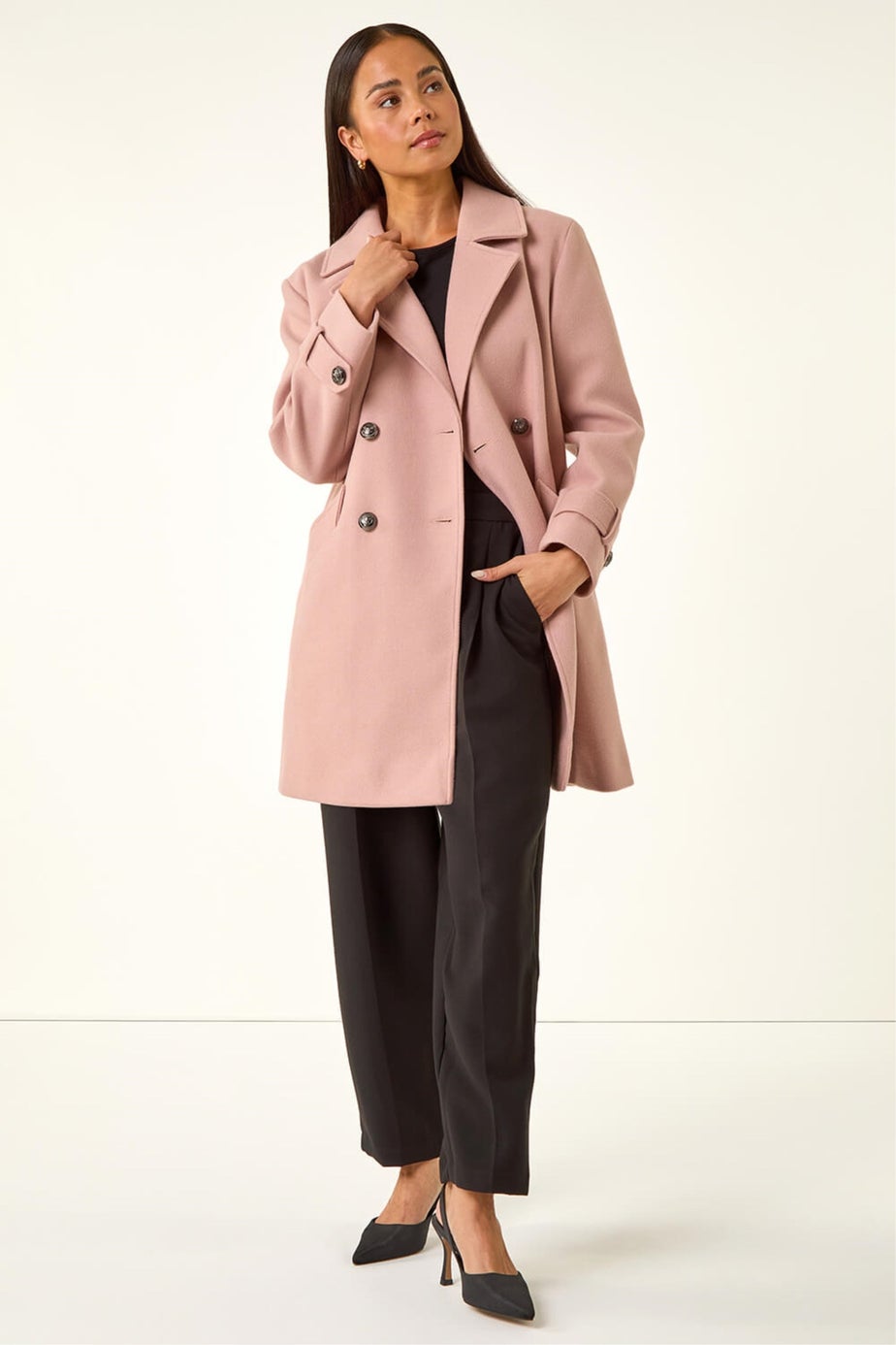 Roman Light Pink Petite Double Breasted Collared Peacoat