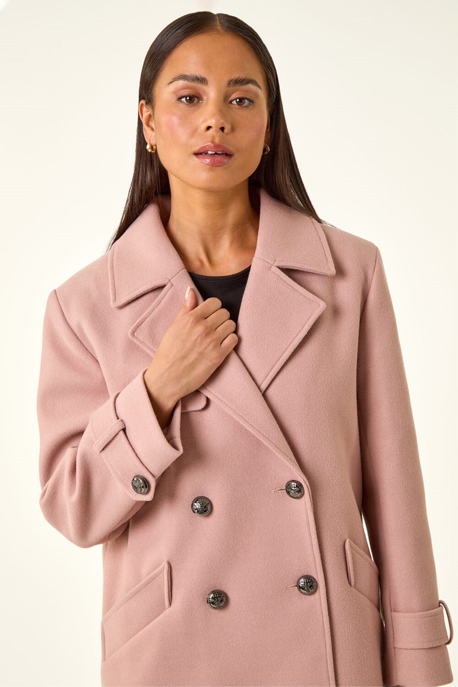 Roman Light Pink Petite Double Breasted Collared Peacoat