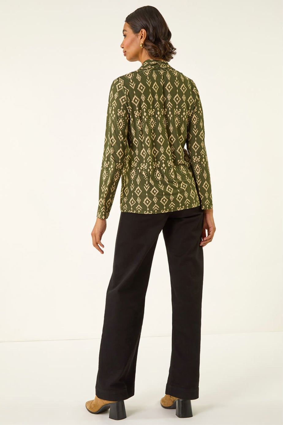 Roman Khaki Aztec Print V-Neck Stretch Top