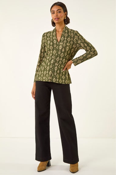 Roman Khaki Aztec Print V-Neck Stretch Top
