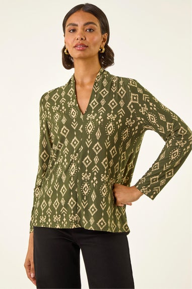 Roman Khaki Aztec Print V-Neck Stretch Top