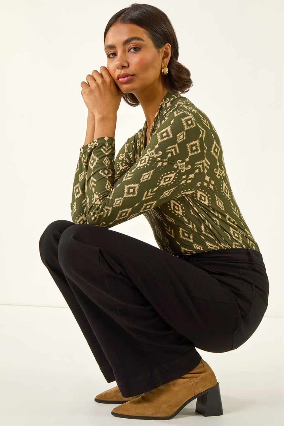 Roman Khaki Aztec Print V-Neck Stretch Top