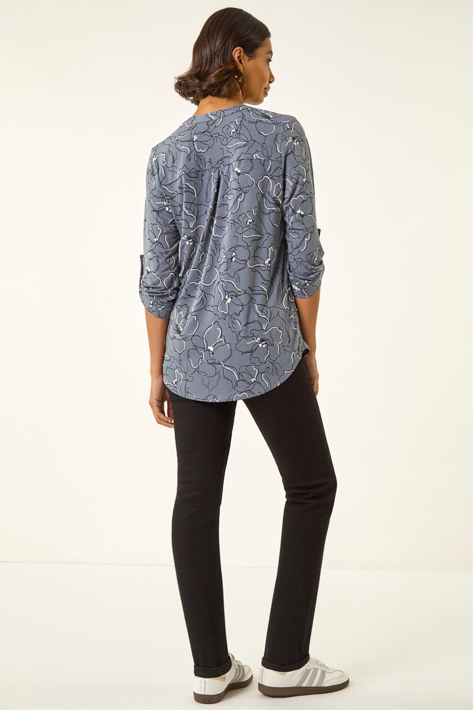 Roman Grey Floral Notch Neck Shirt