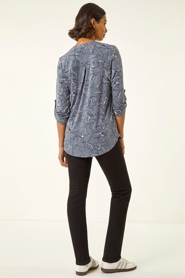 Roman Grey Floral Notch Neck Shirt