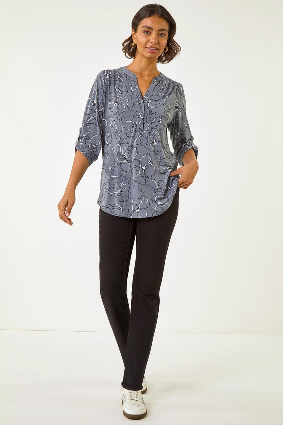 Roman Grey Floral Notch Neck Shirt