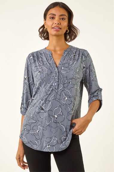 Roman Grey Floral Notch Neck Shirt