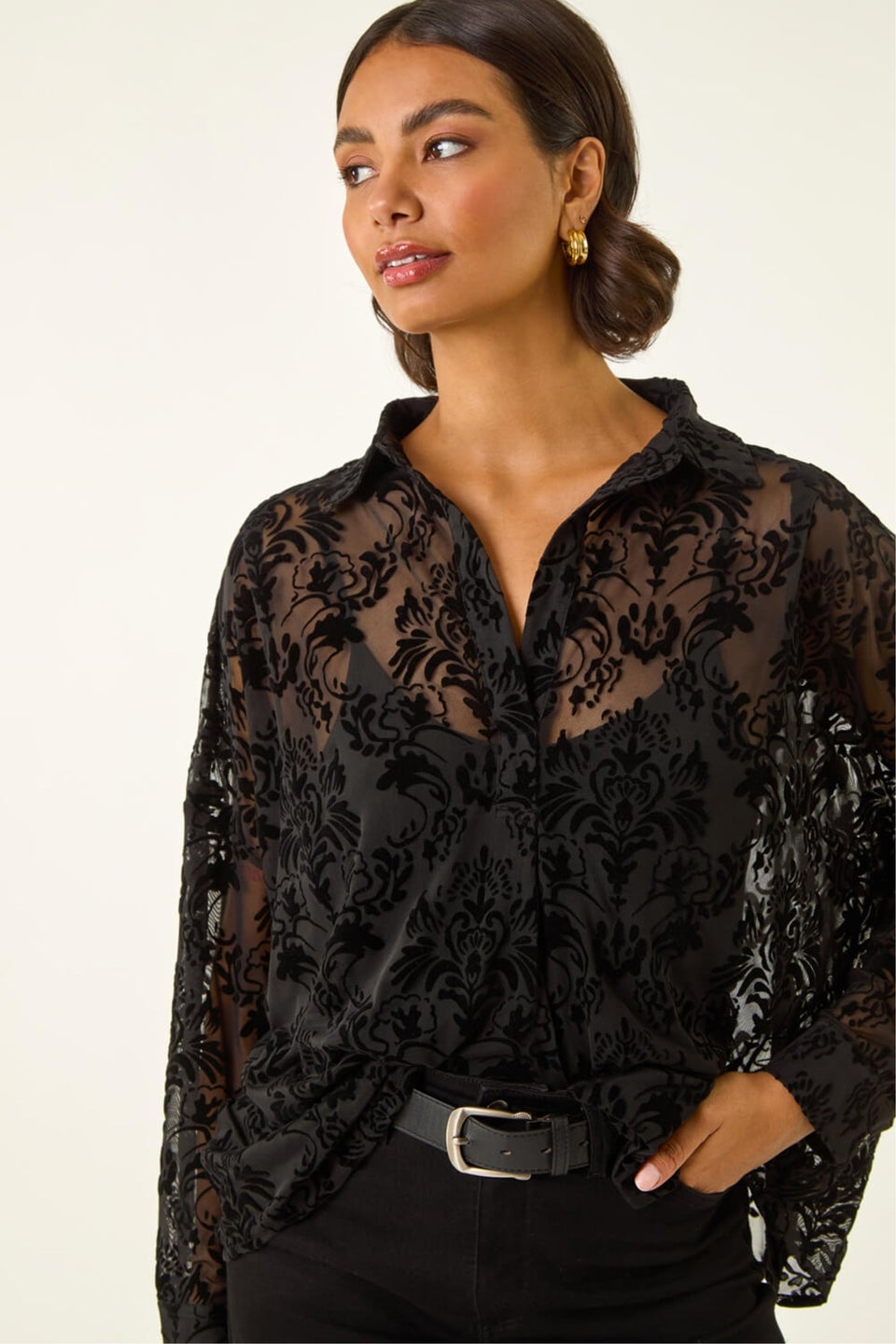 Roman Black Textured Floral V-Neck Top
